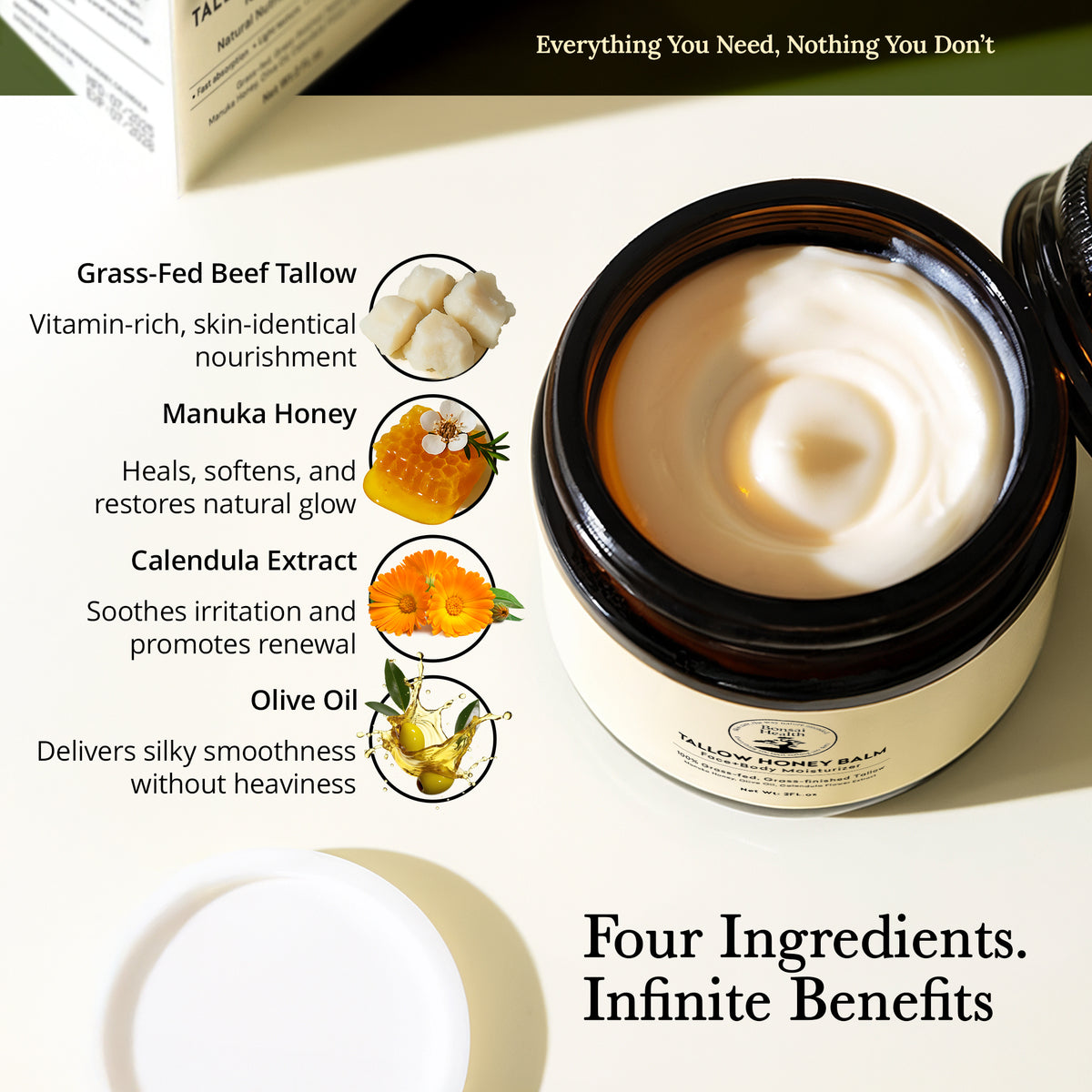 Tallow Honey Balm jar with ingredients list showcasing natural nourishment for skin care.